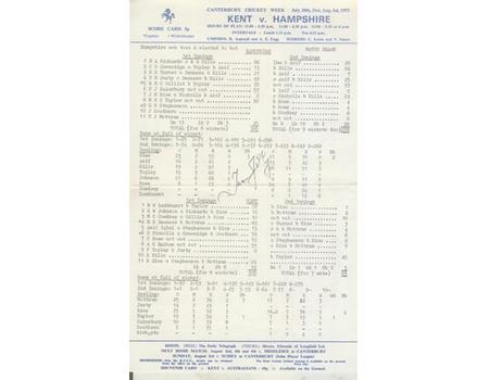 KENT V HAMPSHIRE 1975  CRICKET SCORECARD - SIGNED BY JESTY