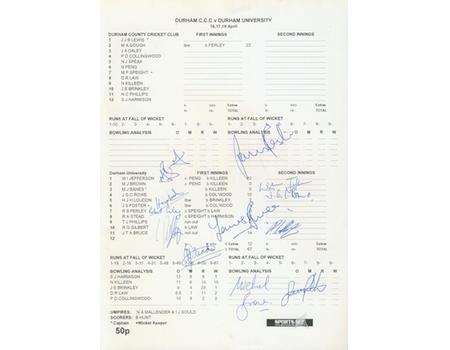 DURHAM V DURHAM UNIVERSITY 2001 CRICKET SCORECARD (FULLY SIGNED BY UNIVERSITY TEAM)