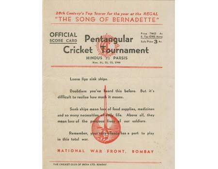 HINDUS V PARSIS 1944 (BOMBAY PENTANGULAR) CRICKET SCORECARD