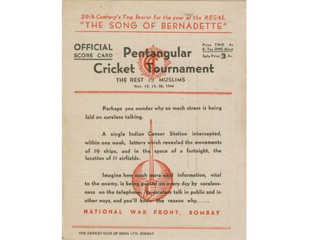THE REST V MUSLIMS 1944 (BOMBAY PENTANGULAR) CRICKET SCORECARD