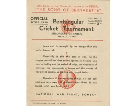 EUROPEANS V PARSIS 1944 (BOMBAY PENTANGULAR) CRICKET SCORECARD