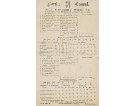 M.C.C. & GROUND V WILTSHIRE 1900 CRICKET SCORECARD - INCLUDING ARTHUR CONAN DOYLE