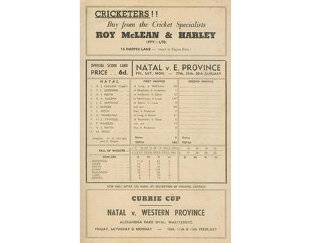 NATAL V EASTERN PROVINCE 1955-56 (CURRIE CUP) CRICKET SCORECARD