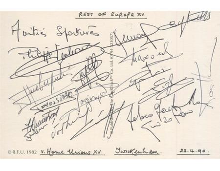 REST OF EUROPE XV (V HOME NATIONS) 1990 RUGBY AUTOGRAPHS