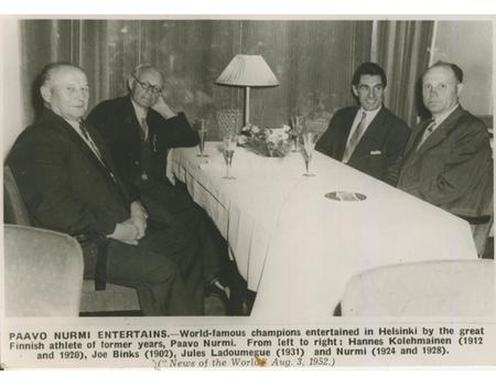 OLYMPIC GAMES 1952 - NURMI, KOLEHMAINEN, BINKS & LADOUMEGUE PRESS PHOTOGRAPH (SIGNED BY JOE BINKS)