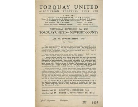 TORQUAY UNITED V NEWPORT COUNTY 1949-50 FOOTBALL PROGRAMME