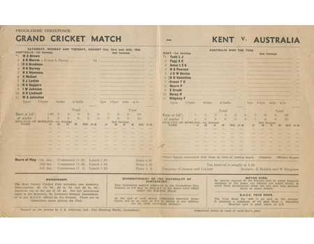 KENT V AUSTRALIANS 1948 CRICKET SCORECARD
