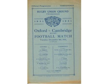 OXFORD V CAMBRIDGE 1931 RUGBY PROGRAMME