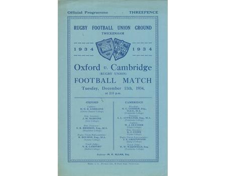 OXFORD V CAMBRIDGE 1934 RUGBY PROGRAMME
