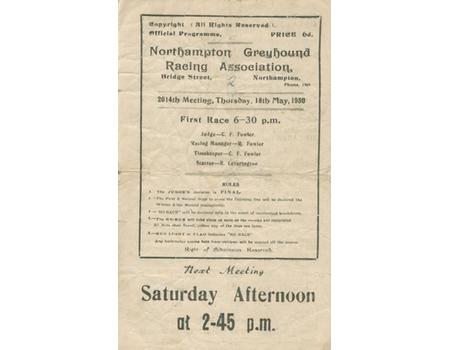 GREYHOUND RACING CARD  - NORTHAMPTON GREYHOUND RACING ASSOCIATION, 18 MAY 1950
