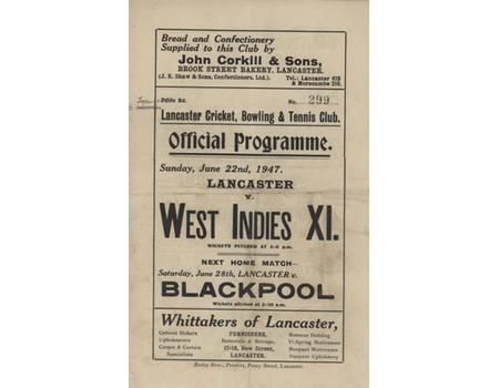 LANCASTER V WEST INDIES XI 1947 CRICKET PROGRAMME
