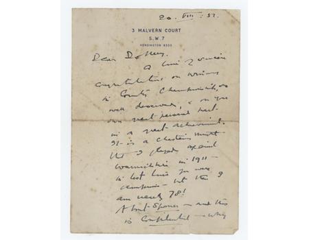 PLUM WARNER 1951 CRICKET LETTER - TO TOM DOLLERY, CONGRATULATING WARWICKSHIRE ON WINNING COUNTY CHAMPIONSHIP