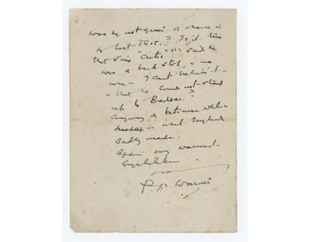 PLUM WARNER 1951 CRICKET LETTER - TO TOM DOLLERY, CONGRATULATING WARWICKSHIRE ON WINNING COUNTY CHAMPIONSHIP