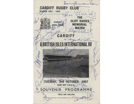 CARDIFF V BRITISH ISLES INTERNATIONAL XV 1967 SIGNED RUGBY PROGRAMME