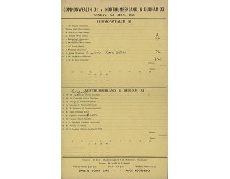 COMMONWEALTH XI V NORTHUMBERLAND & DURHAM XI 1960 CRICKET SCORECARD 