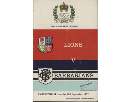 BARBARIANS V BRITISH LIONS 1977 RUGBY PROGRAMME