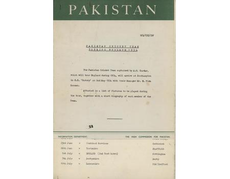 PAKISTAN CRICKET TOUR TO ENGLAND 1954 PRESS RELEASE FROM HIGH COMMISSION - FIXTURES/PLAYER PROFILES