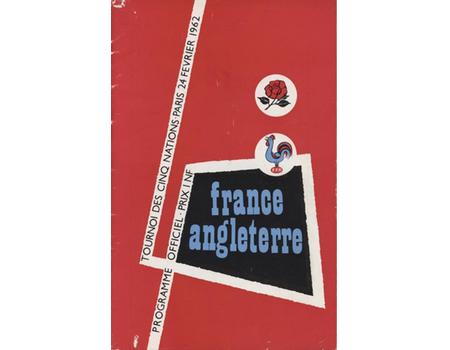 FRANCE V ENGLAND 1962 RUGBY PROGRAMME