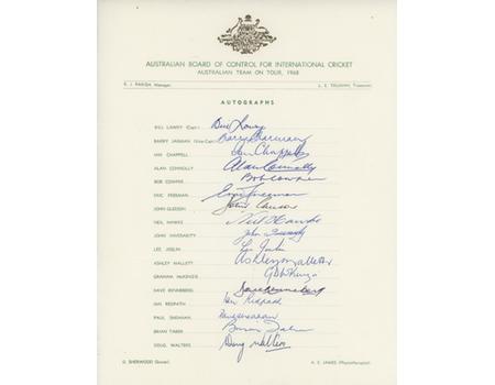 AUSTRALIA 1968 CRICKET AUTOGRAPH SHEET