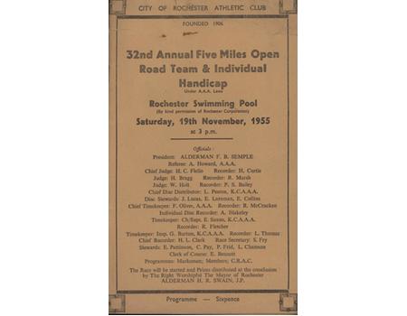 ATHLETICS PROGRAMME - 32ND ANNUAL FIVE MILES OPEN ROAD TEAM & INDIVIDUAL HANDICAP, ROCHESTER, 1955 (WON BY GEORGE KNIGHT)