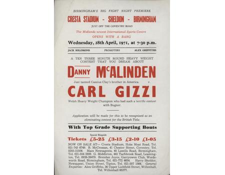 DANNY MCALINDEN V CARL GIZZI 1971 BOXING POSTER