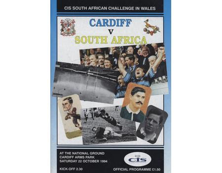 CARDIFF V SOUTH AFRICA 1994 RUGBY PROGRAMME