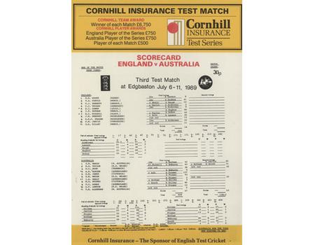 ENGLAND V AUSTRALIA 1989 (EDGBASTON) CRICKET SCORECARD