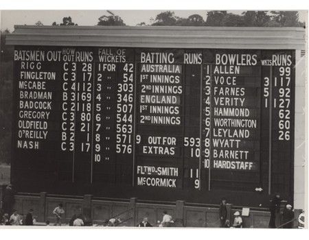 AUSTRALIA V ENGLAND 1936-37 (5TH TEST) SCOREBOARD CRICKET PHOTOGRAPH