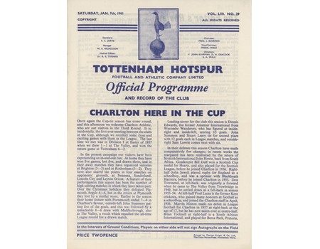 TOTTENHAM HOTSPUR V CHARLTON ATHLETIC 1960-61 FOOTBALL PROGRAMME