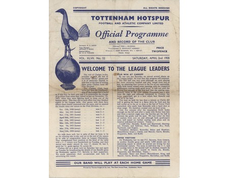 TOTTENHAM HOTSPUR V CHELSEA 1954-55 FOOTBALL PROGRAMME