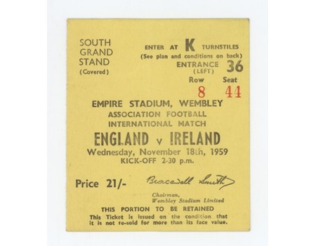 ENGLAND V IRELAND 1959 FOOTBALL TICKET