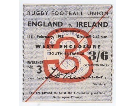 ENGLAND V IRELAND 1956 RUGBY TICKET