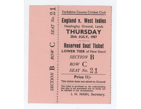 ENGLAND V WEST INDIES 1957 (HEADINGLEY) CRICKET TICKET