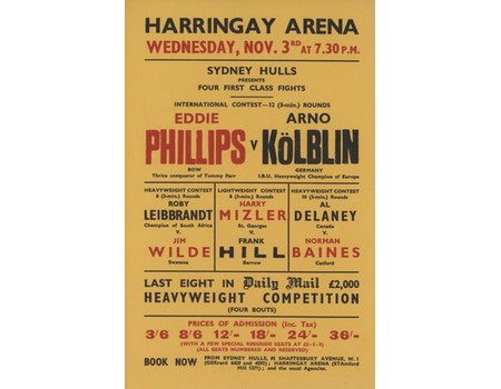 EDDIE PHILLIPS V ARNO KOLBLIN 1937 BOXING FLYER POSTER