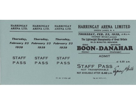 ERIC BOON V ARTHUR DANAHAR 1939 BOXING TICKET (FIRST LIVE TELEVISED FIGHT)