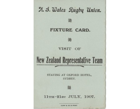 NEW ZEALAND RUGBY TOUR TO NEW SOUTH WALES 1907 FIXTURE CARD