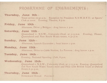 QUEENSLAND RUGBY TOUR OF NEW SOUTH WALES 1904 ITINERARY