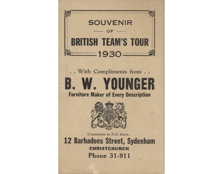 BRITISH LIONS RUGBY TOUR OF NEW ZEALAND 1930 FIXTURE CARD