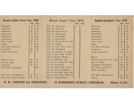 BRITISH LIONS RUGBY TOUR OF NEW ZEALAND 1930 FIXTURE CARD
