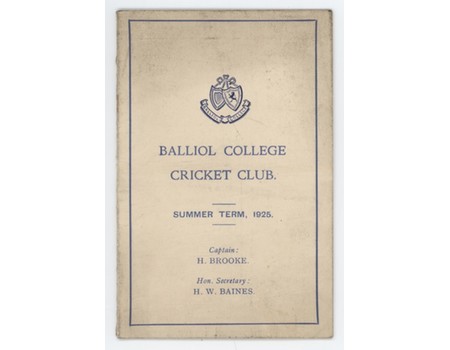 BALLIOL COLLEGE CRICKET CLUB FIXTURE CARD 1925 - THE PROPERTY OF HENRY BROOKE