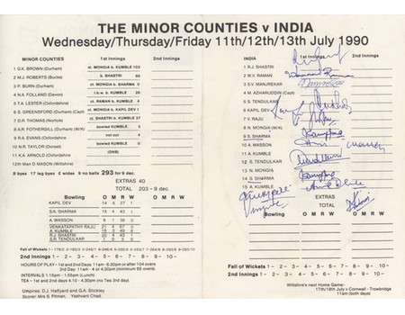 MINOR COUNTIES V INDIA 1990 (TROWBRIDGE) CRICKET SCORECARD - SIGNED BY INDIA