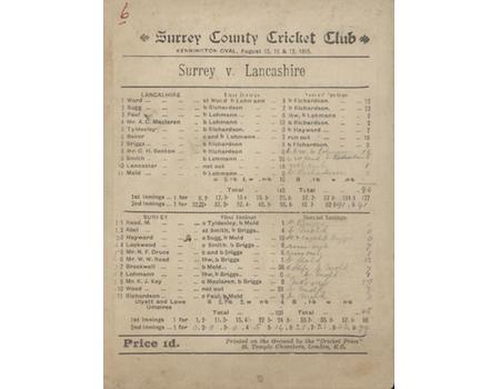 SURREY V LANCASHIRE 1895 CRICKET SCORECARD