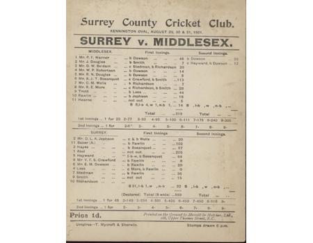 SURREY V MIDDLESEX 1901 CRICKET SCORECARD