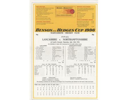 LANCASHIRE V NORTHAMPTONSHIRE 1996 (BENSON AND HEDGES FINAL) CRICKET SCORECARD