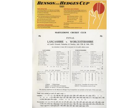 LANCASHIRE V WORCESTERSHIRE 1991 (BENSON AND HEDGES FINAL) CRICKET SCORECARD