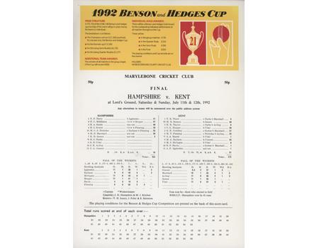HAMPSHIRE V KENT 1992 (BENSON AND HEDGES FINAL) CRICKET SCORECARD