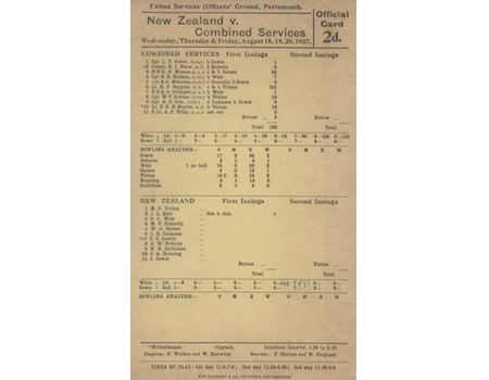 COMBINED SERVICES V NEW ZEALAND 1937 (PORTSMOUTH) CRICKET SCORECARD
