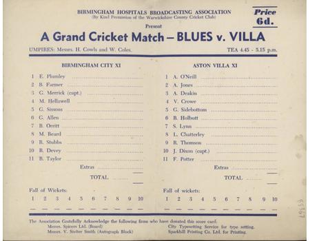 BIRMINGHAM CITY V ASTON VILLA (EDBASTON) 1958 CRICKET SCORECARD
