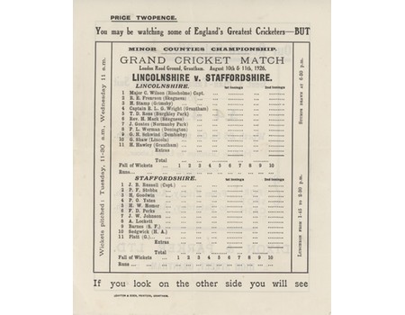 LINCOLNSHIRE V STAFFORDSHIRE 1926 CRICKET SCORECARD - INCL. S.F. BARNES