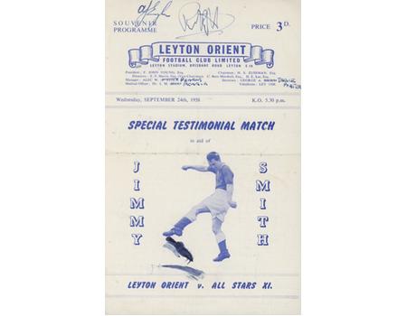 LEYTON ORIENT V ALL STARS XI (JIMMY SMITH TESTIMONIAL) 1958 FOOTBALL PROGRAMME